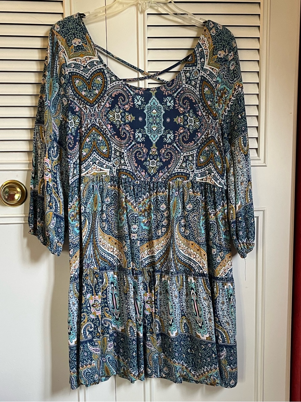 Umgee Blue Bohemian Paisley Print Tiered Mini Dress Sz M